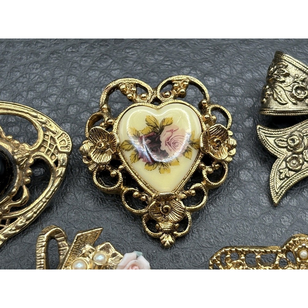 VTG Lot Of 5 Brooch Pin 3 1928 Brand Floral Heart Bow Basket Victorian Style - Picture 4 of 10